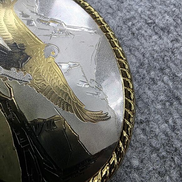 Bald Eagle Mountain Scene Belt Buckle Made in USA Western Gold Trim Wildlife VTG - Picture 4 of 10